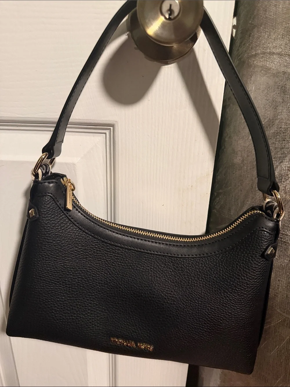 Michael Kors Black Pebbled Leather Crescent Messenger with Gold Hardware